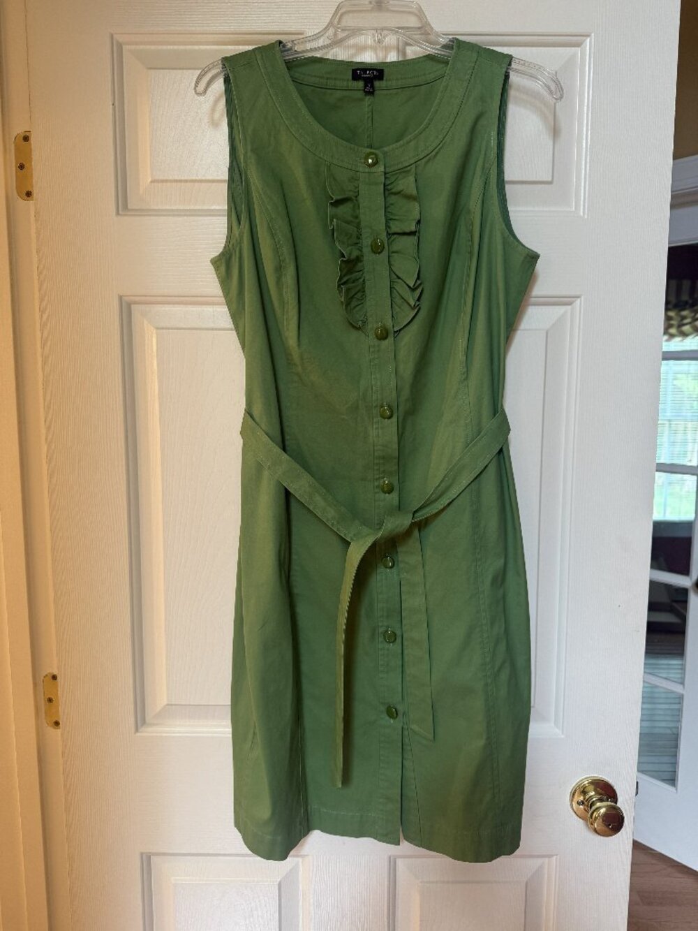 Talbots Green Ruffle Button open Front Sleeveless Belted Sheath Dress Womens 12